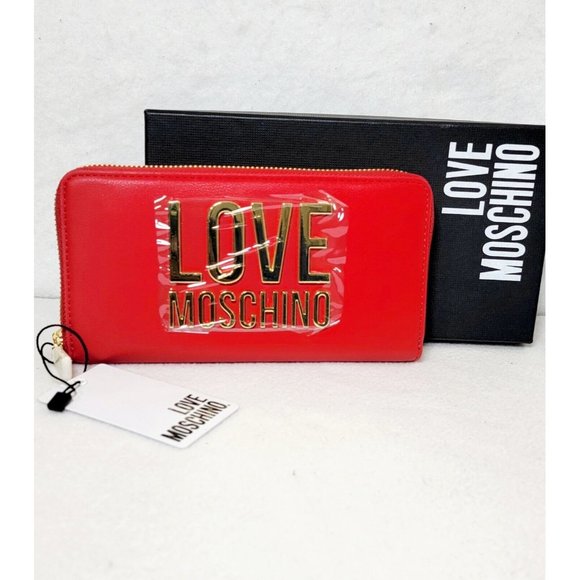 Love Moschino Handbags - Love Moschino Womens Red Leather Gold Metal Logo Wallet Zip Closure NWT